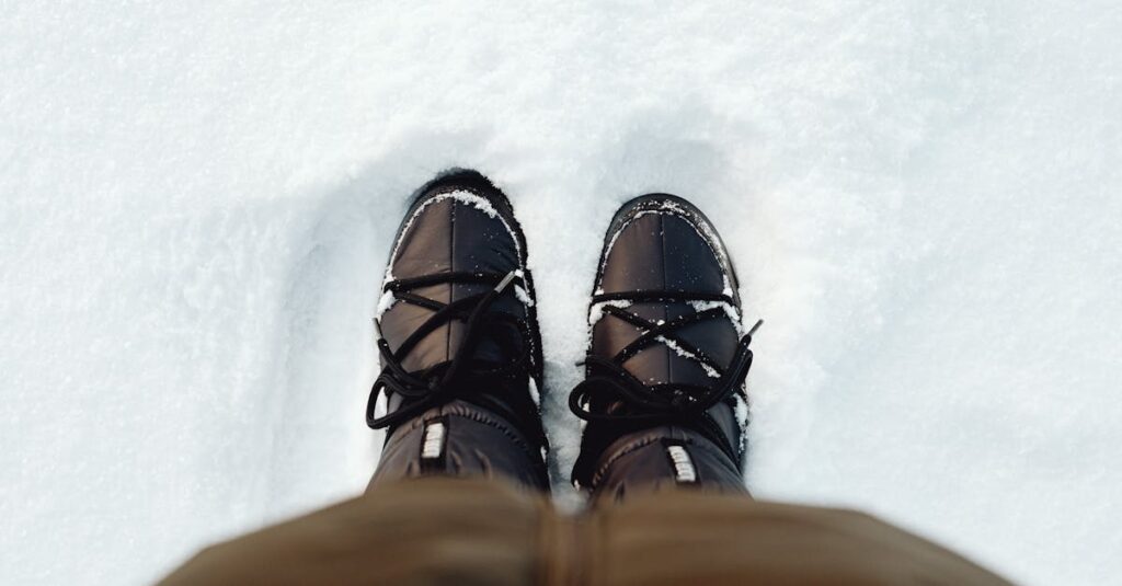 Close-up of winter boots in freshly fallen snow, perfect for cold season themes.