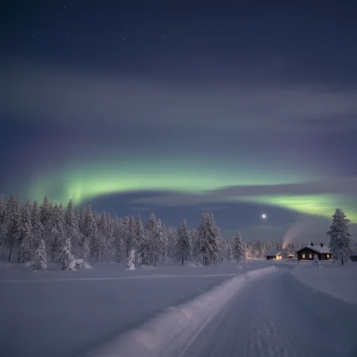 Northern lights over snowy forest and cabin at night.