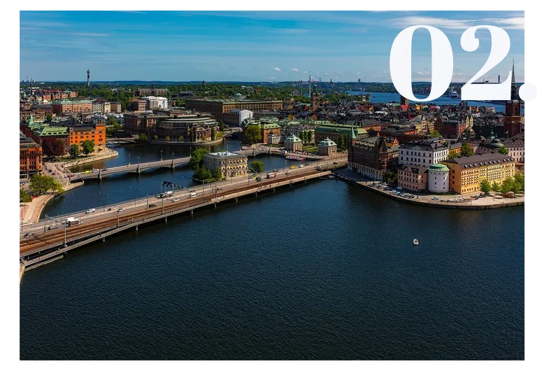 Waterfront bridges and historic buildings in Sweden beside dark water.
