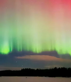 Green and red northern lights above a snow-covered frozen lake and forest at night